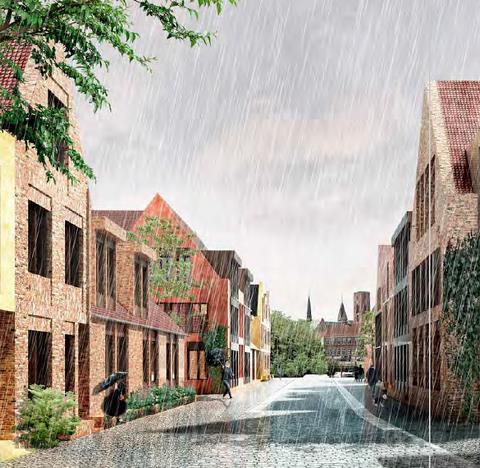 Visualisering af vinderprojektet i en af gaderne, hvor regnen siler ned, men Ribe Domkirke ses i baggrunde - billederettigheder tilhører vinderprojektet Vandkunsten